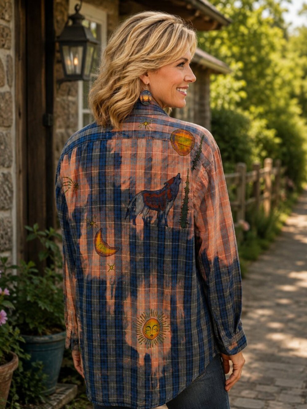 Upcycled Hand Painted Wolves Moon Stars Trees Flannel Shirt - Bleached Blue Gray